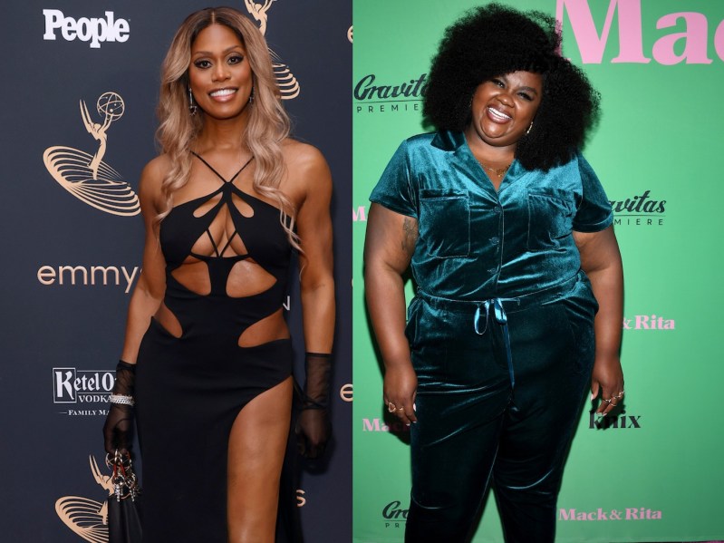 Split image (L): LaVerne Cox wearing strappy black gown, (R): Nicole Byer poses in turquoise jumpsuit