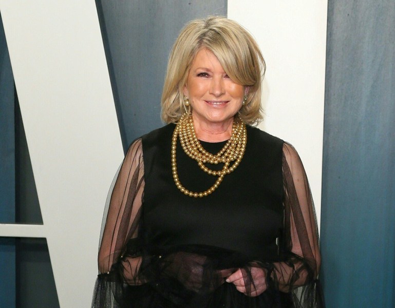 2020 photo of Martha Stewart smiling in a black dress with sheer sleeves
