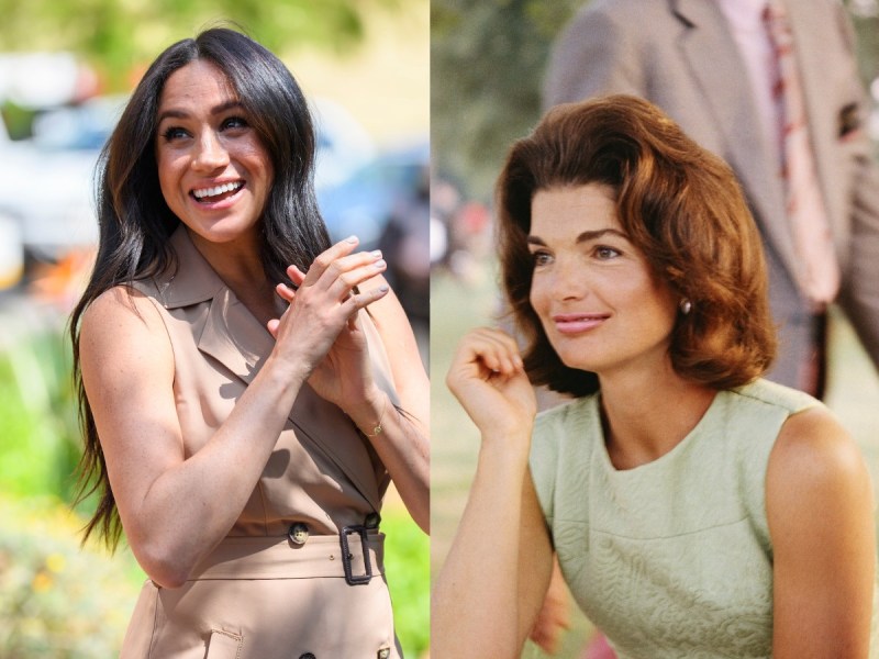 Split image (L): Meghan Markle smiles and clasps her hands outside while wearing a beige dress. (R): Jackie Kennedy smiles while sitting outdoors in a sage green dress