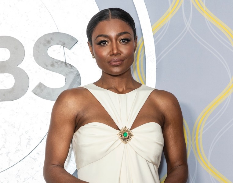 Patina Miller in a white dress at the Tonys