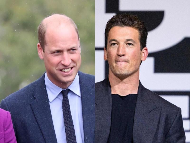 side by side close up photos of Prince William and Miles Teller