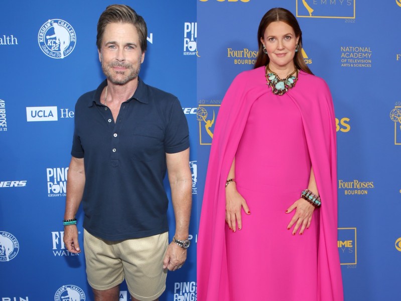 Rob Lowe (R) In polo and khakis, Drew Barrymore in hot pink gown