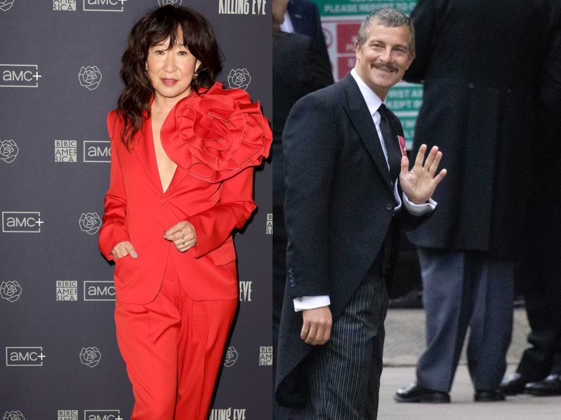 Split image: (L) Sandra Oh standing in red jumpsuit with puffy shoulders. (R) Bear Grylls waving in black suit and tie outside