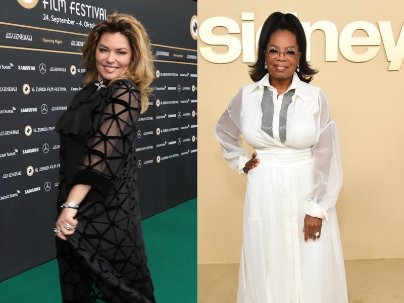 Split image (L): Shania Twain wearing black gown (R): Oprah Winfrey wearing white dress