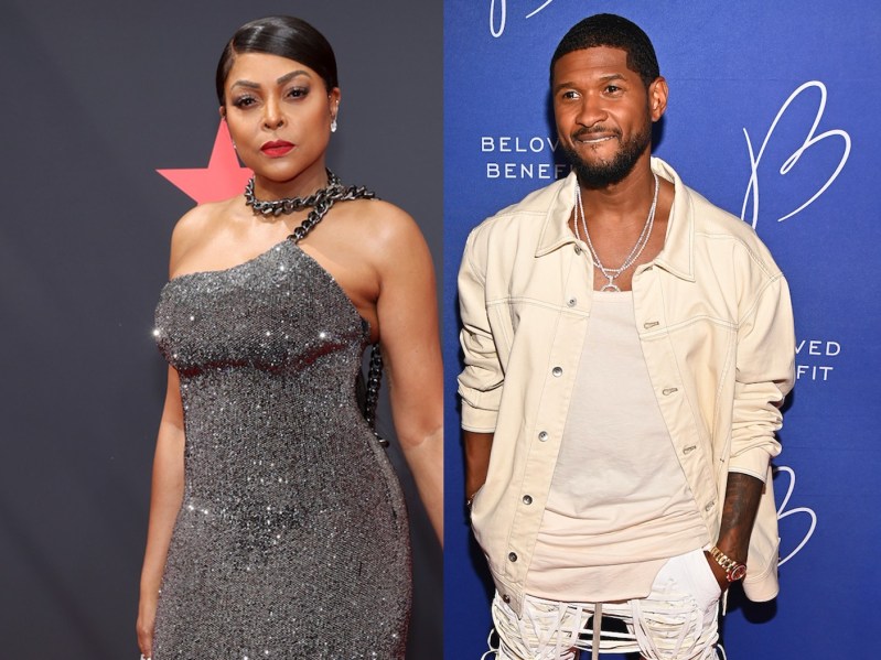 Split image (L): Taraji P. Henson in gray gown (R): Usher in white jacket and pants