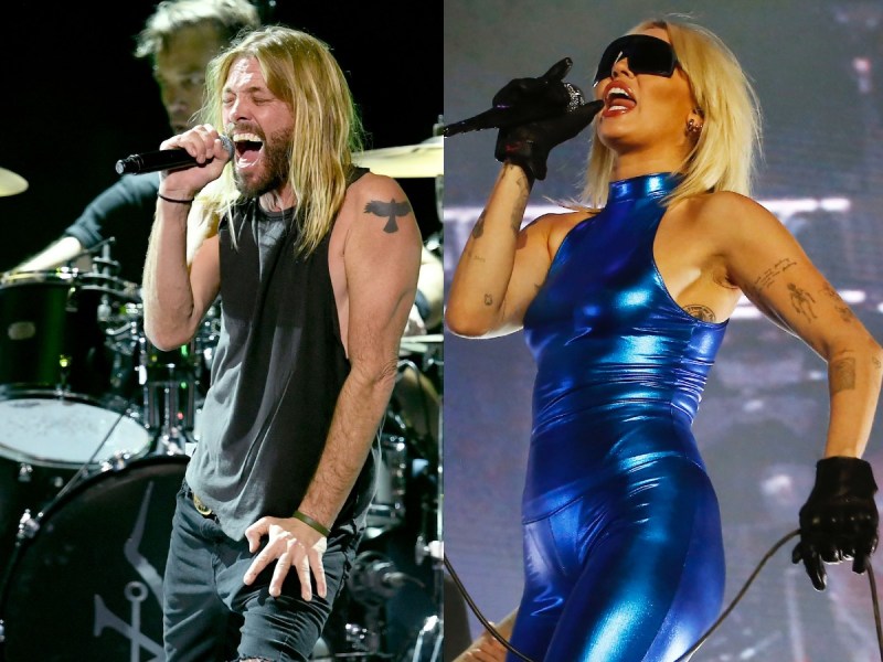 Split image (L): Taylor Hawkins singing into a microphone in black shirt (R): Miley Cyrus singing into a microphone in blue jumpsuit and black sunglasses