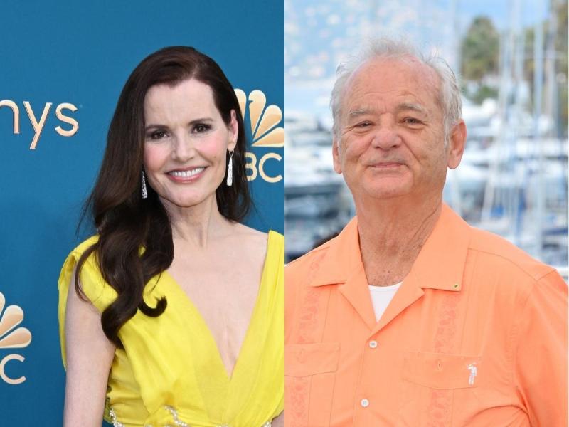 side by side photos of Geena Davis in a yellow dress and Bill Murray in an orange shirt