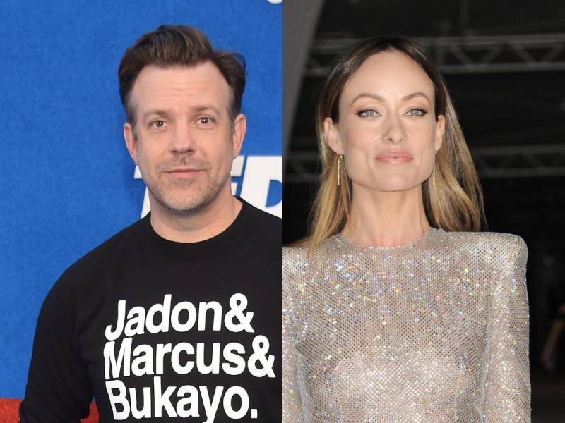 side by side photos of Jason Sudeikis in a black sweater and Olivia Wilde in a silver dress