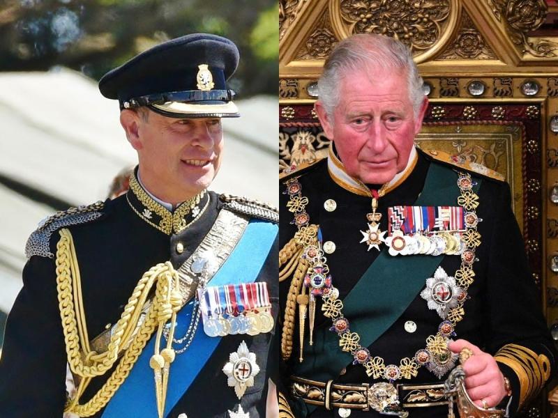 side by side close ups of Prince Edward and King Charles in their respective royal uniforms with medals