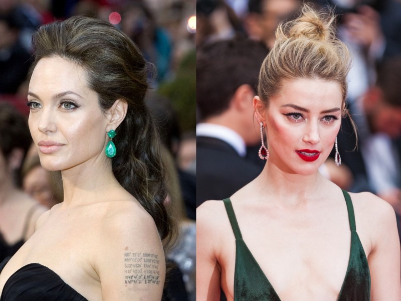 Split image of Angelina Jolie (L) and Amber Heard in dark gowns on the red carpet