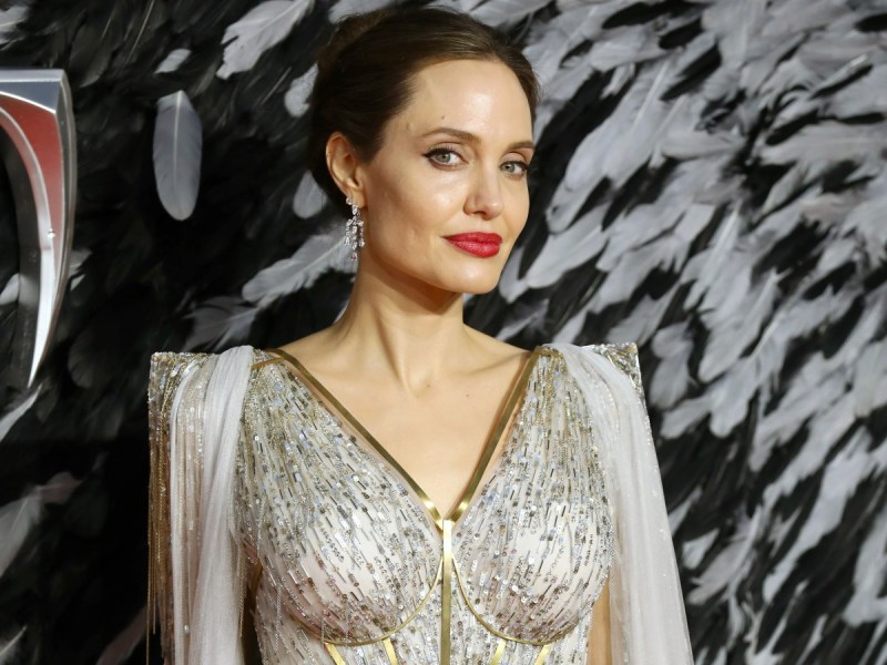 Angelina Jolie smiles in silver dress with gold trim