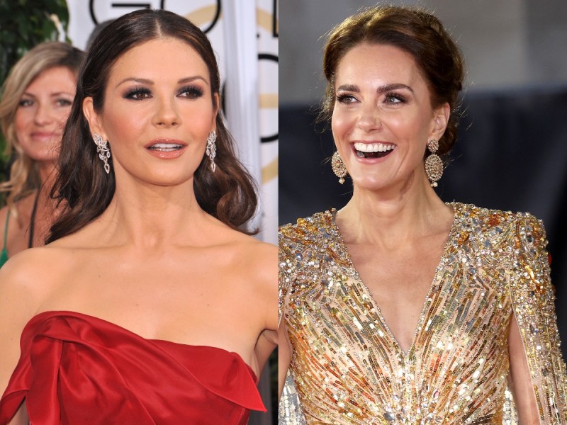 Split image (L): Catherine Zeta-Jones wearing strapless red gown (R): Kate Middleton in gold sparkly gown