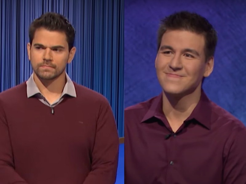 Split image (L): Cris Pannullo in red sweater (R): James Holzhauer smiles in red dress shirt