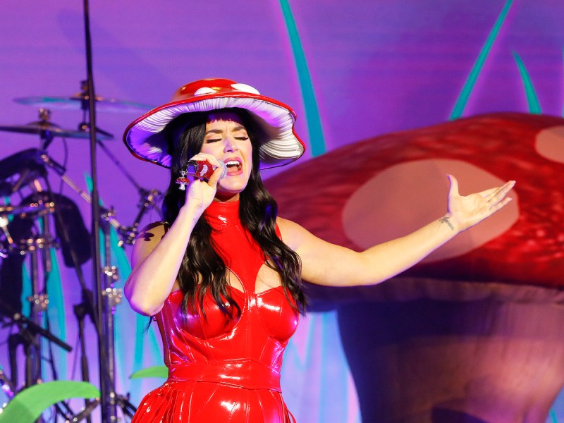 Katy Perry performing on stage in a red pleather dress and mushroom cap