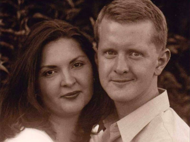 A sepia-toned image of Ken Jennings and his wife Mindy
