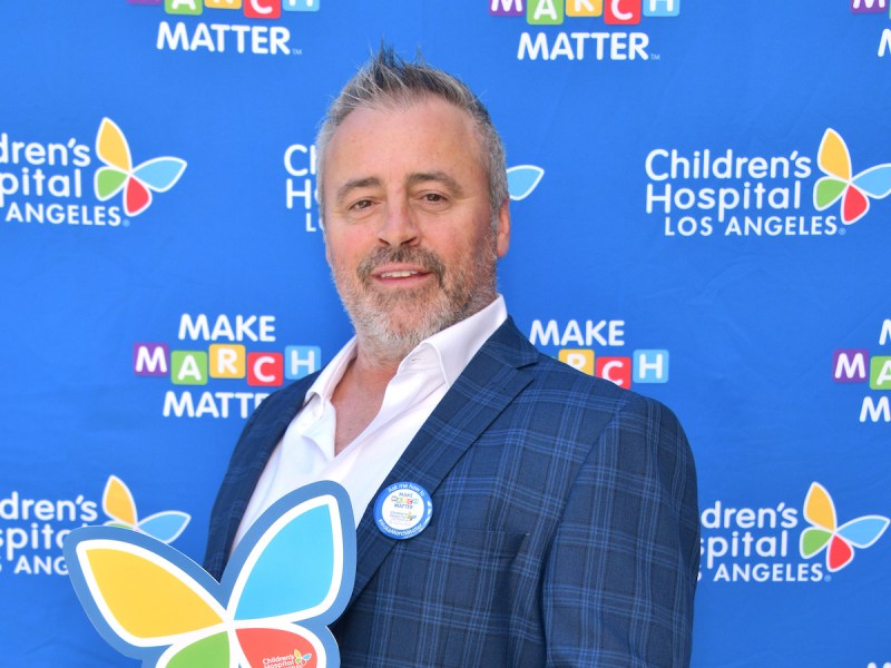 Matt Leblanc smiling in a blue suit holding a paper butterfly