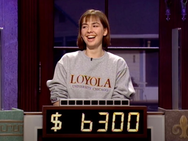 screenshot of Pam Mueller competing on the Jeopardy College Tournament