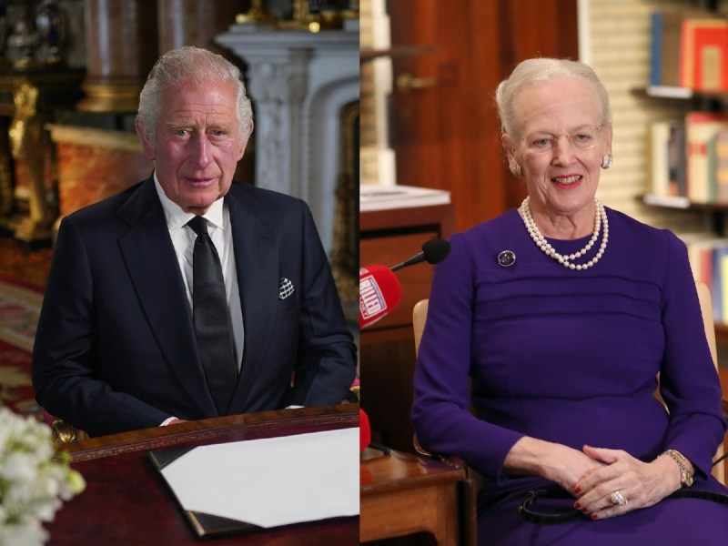 Split image (L) King Charles sits at a desk in a dark suit and tie (R) Queen Margrethe smiles in purple dress and pearl necklace