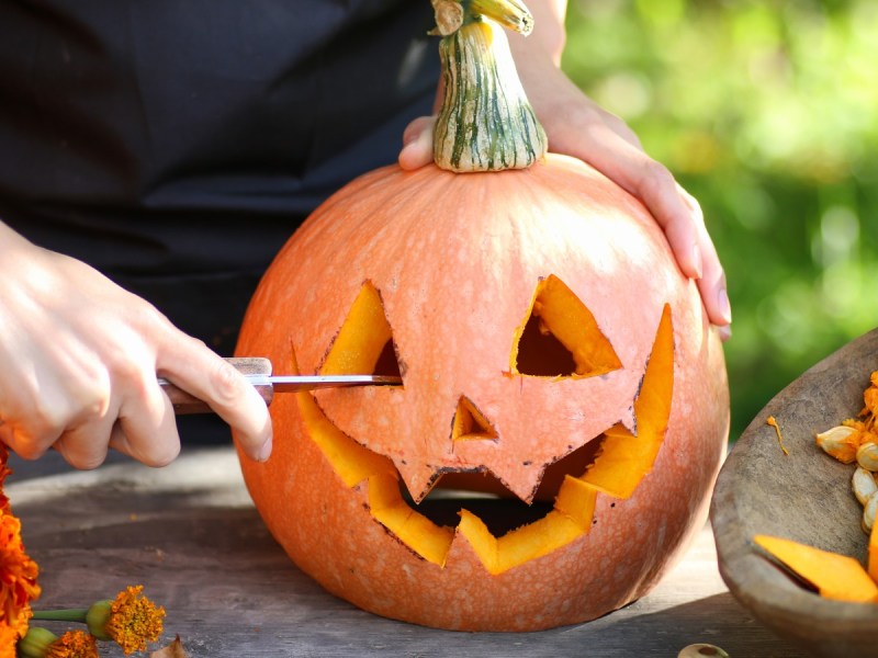 A pumpkin is being carved into a jack o-lantern. One hand is holding the pumpkin and the other hand is using a knife to carve