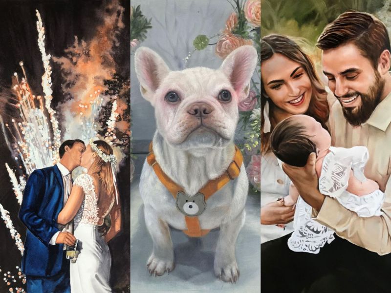 From left to right: bride and groom in front of fireworks, dog, family of three with woman, man, and baby