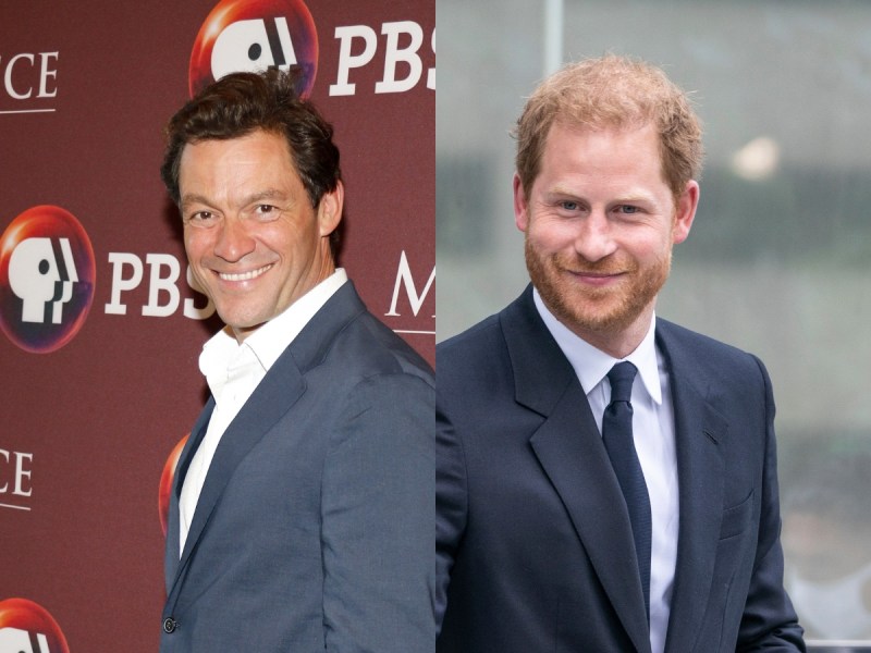 side by side close ups of Dominic West smiling and Prince Harry smiling