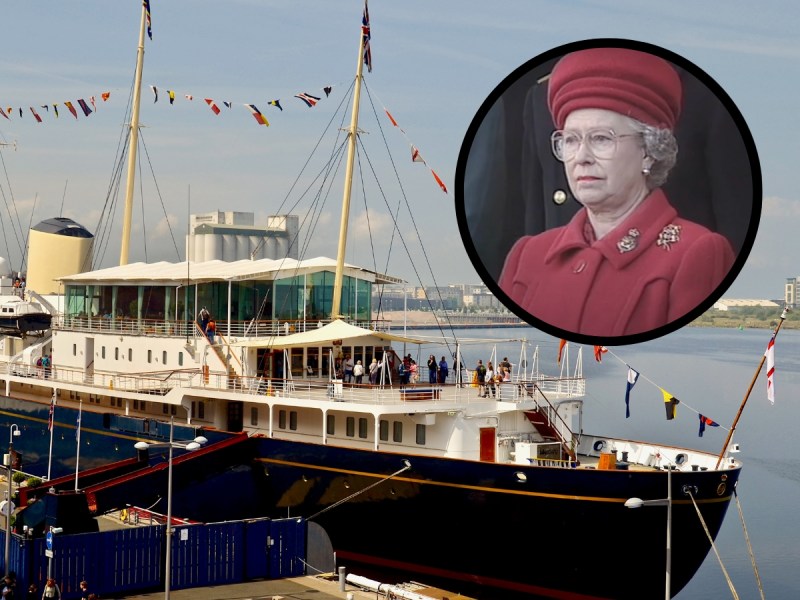screenshot of Queen Elizabeth looking emotional in a circle frame over a photo of the Brittannia yacht