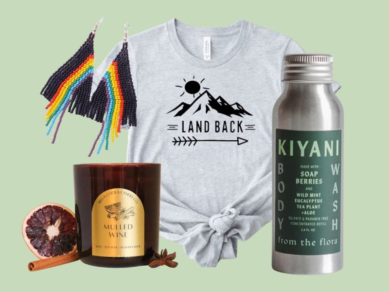 From left to right clockwise: beaded earrings, t-shirt, soap concentrate, candle