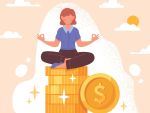 Cartoon woman meditating on top of a stack of gold coins