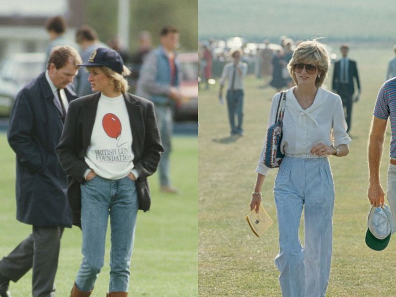 Side by side images of Princess Diana in jeans, a sweatshirt, and blazer and blue trousers and a white blouse.