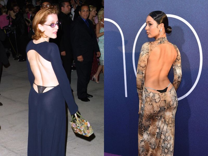 Left: Gillian Anderson flashing a whale tale in 2001, Right: Alexa Demie with a whale tale in 2019
