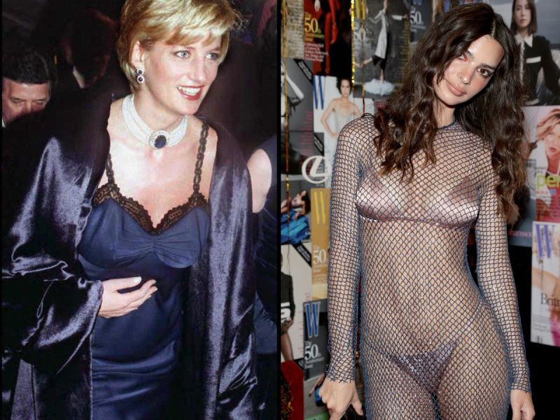 Side-by-side of Princess Diana and Emily Ratajkowski wearing undergarments as outerwear