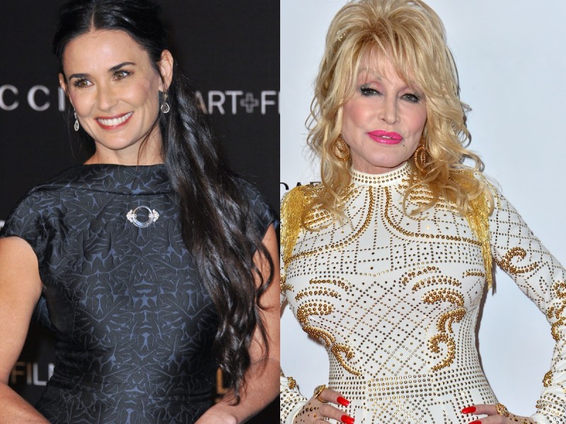 Split image (L): Demi Moore smiling in black dress (R) Dolly Parton in white and gold dress