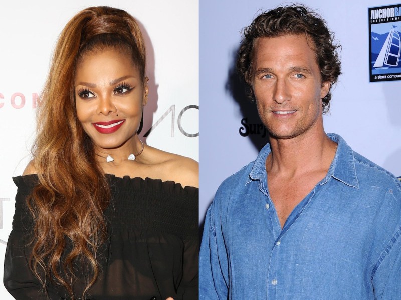 split image (L) Janet Jackson smiling in black top against white backdrop (R): Matthew McConaughey wearing blue button down top against blue backdrop