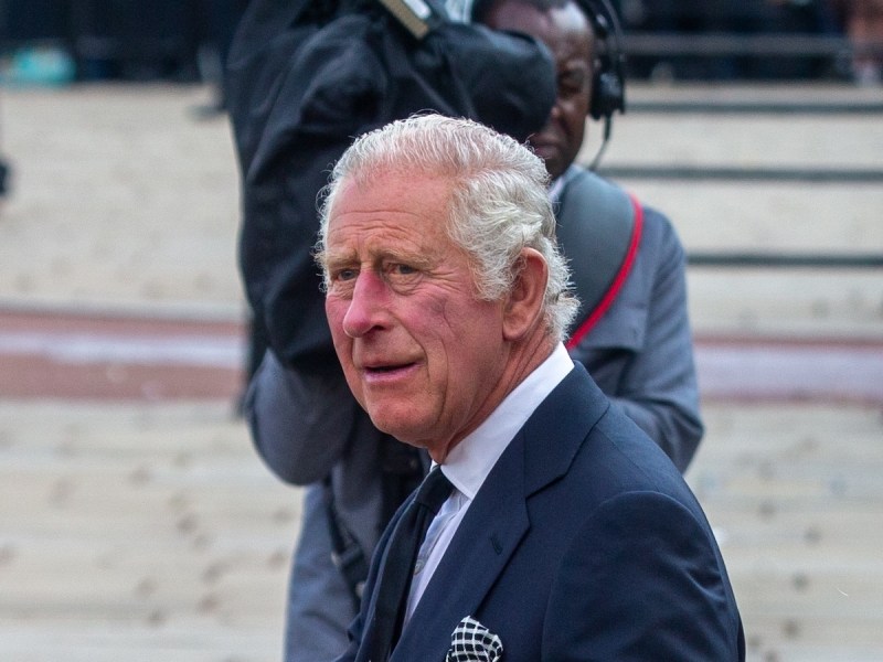 Prince Charles in a navy suit outdoors