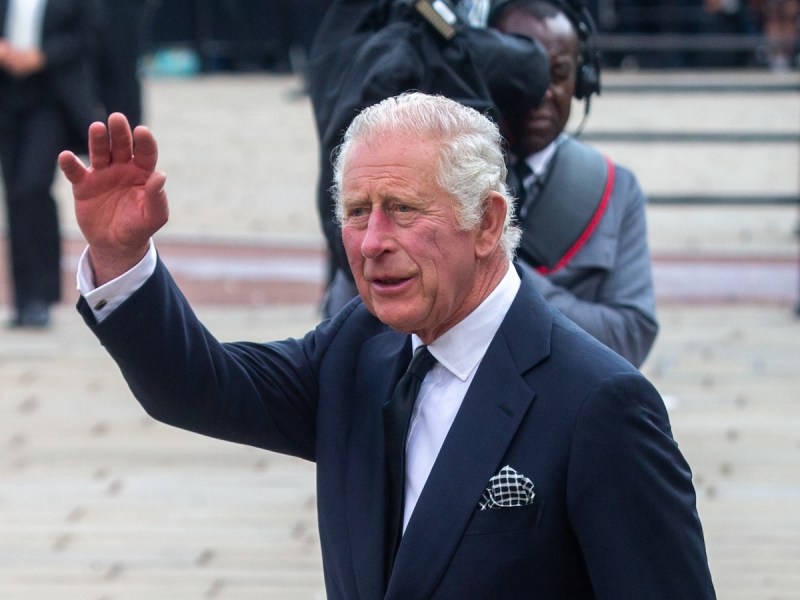 King Charles III waving in a black suit outside the palace