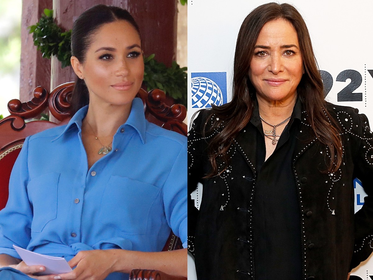 Split image (L): Meghan Markle seated in blue top, (R): Pamela Adlon in black top against white backdrop