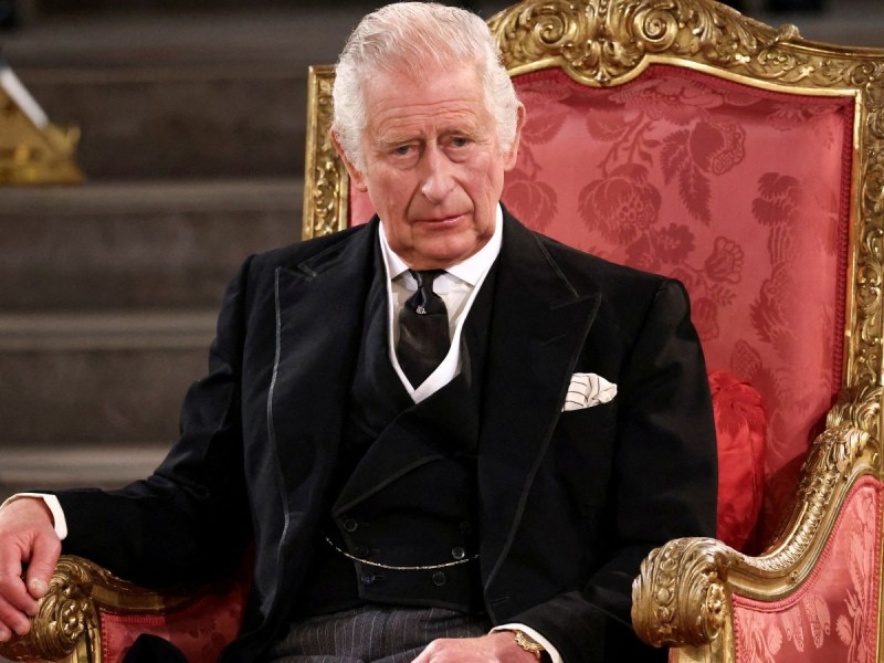 Prince Charles sits in red chair with gold trim while wearing a black suit and tie