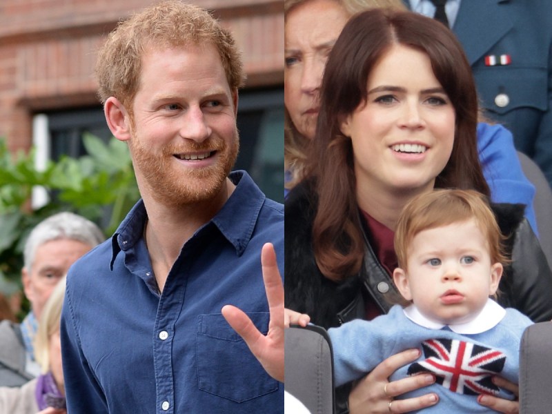 Split image of Prince Harry (L) waving in blue dress shirt (R): Princess Eugenie smiling while holding her son in her lap