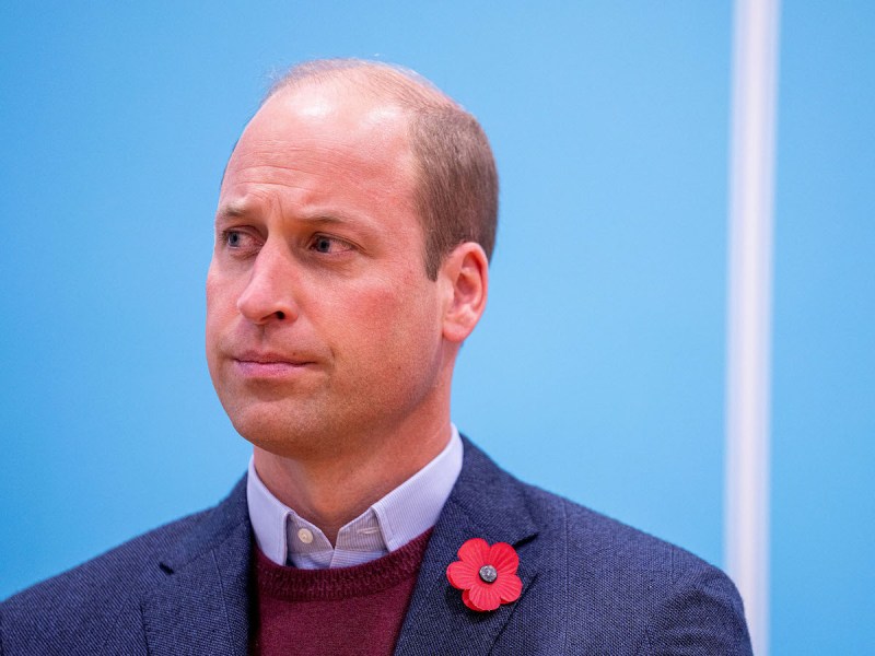 close up of Prince William in a blue blazer and red sweater with a poppy on his lapel