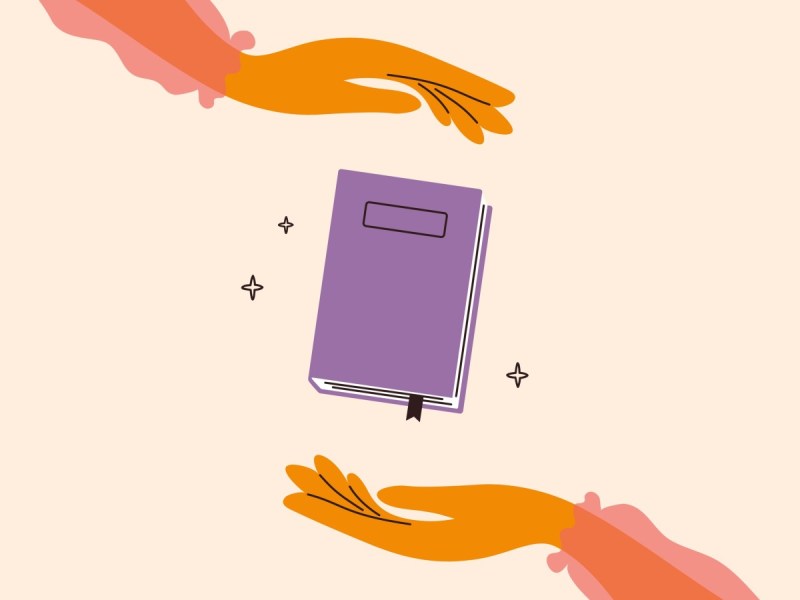 A purple book is hovering between two animated hands against an apricot backdrop