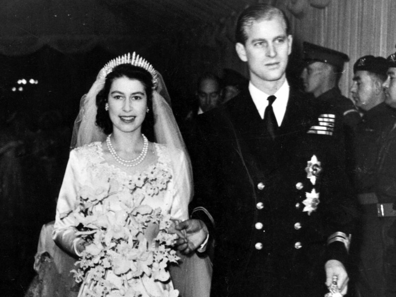 Queen Elizabeth (L) and Prince Philip on their wedding day