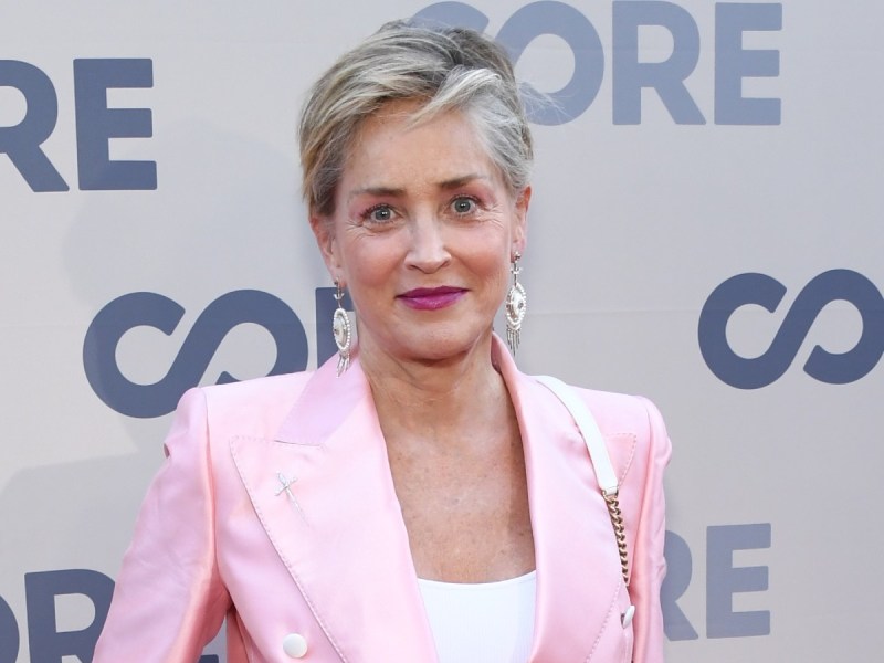 Sharon Stone wearing pink blazer over white top against white backdrop