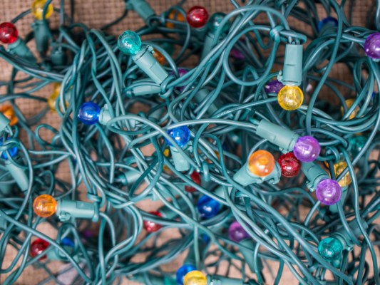tangled string of colorful holiday lights