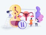 Cartoon female patient and doctors stand in front of cartoon menopause-related images like a uterus