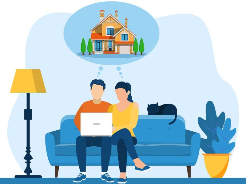 Cartoon couple contemplating buying a home