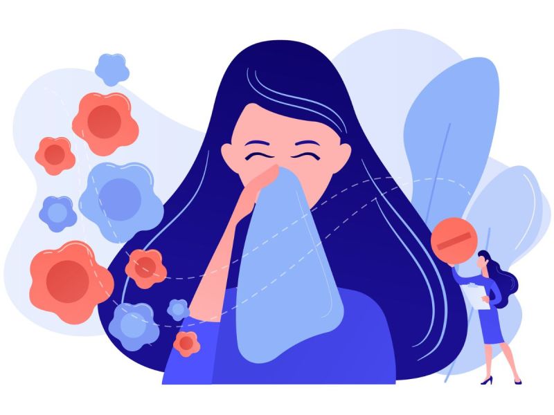 Cartoon woman with seasonal allergies sneezing with tissue surrounded by plants and medication