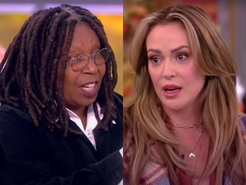 side by side screenshots of Whoopi Goldberg and Alyssa Milano looking exasperated on The View