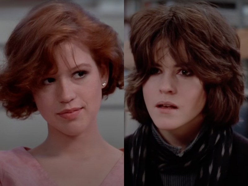 side by side closeup screenshots of Molly Ringwald and Ally Sheedy in The Breakfast Club