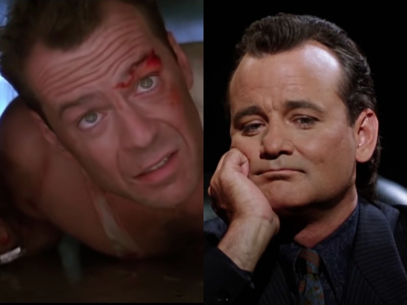 side by side screenshots of Bruce Willis in Die Hard and Bill Murray in Scrooged