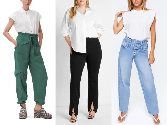 Cargo pants from Ganni, split hem pants from Express, and double waist jeans from Forever 21